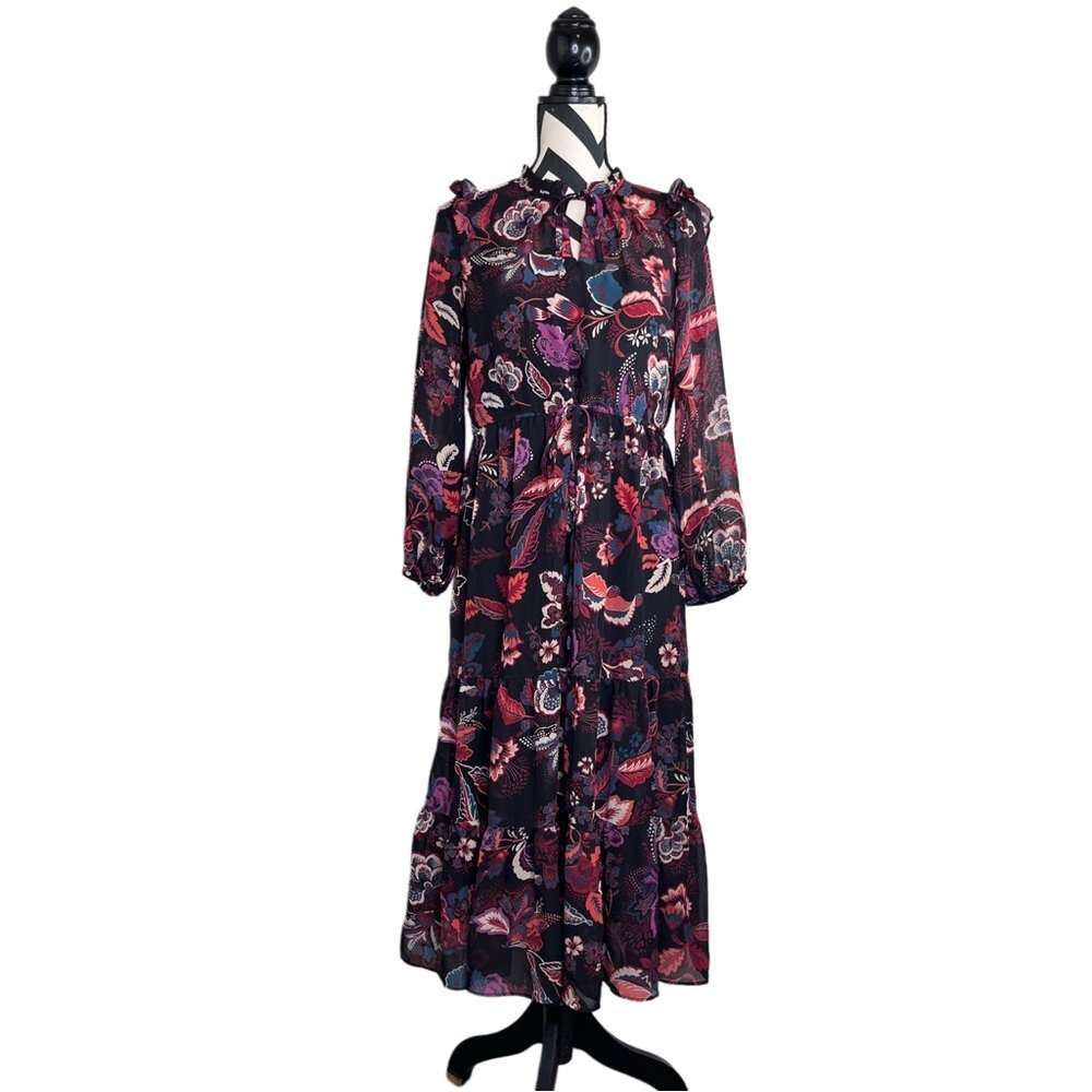 Maia Dark Floral Boho Ruffle Sheer Long-Sleeve Midi Dress Sz 4